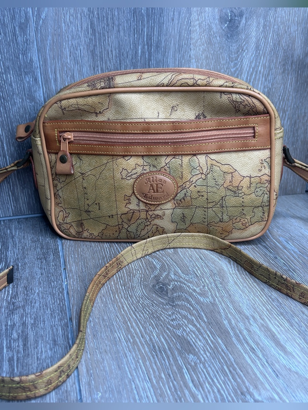 Allan Edward Map Print Shoulder Bag • Genuine Leather Trim • Travel Crossbody